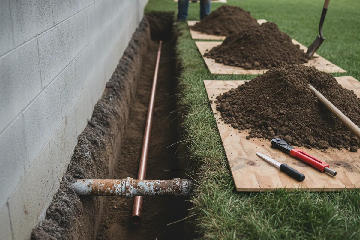 Excavated water line trench during Sewer Line Repair in Tomales